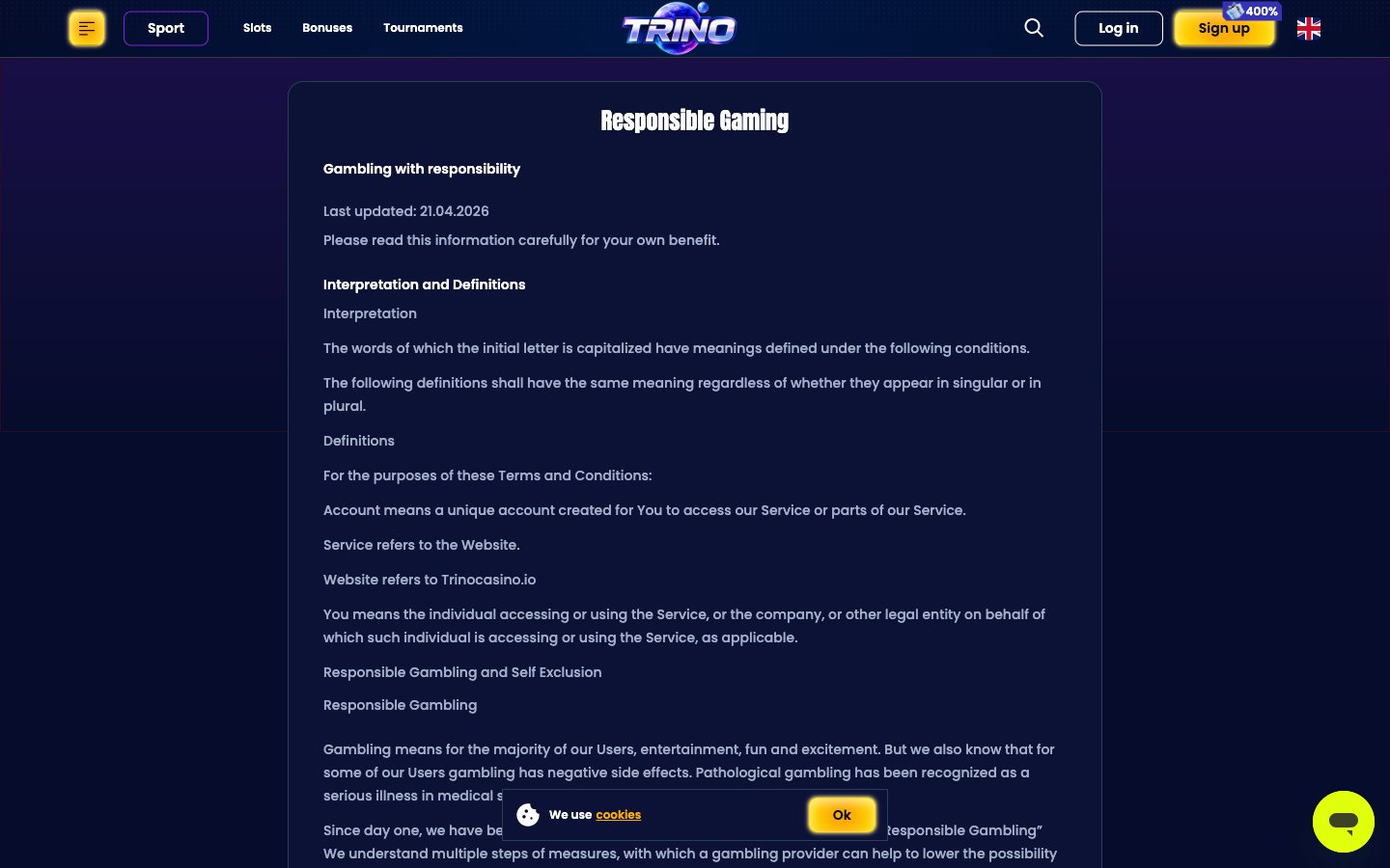 Übersichtsseite zu verantwortungsvollem Spielen bei Trino mit Einstellungsmöglichkeiten für Limits und Selbstausschluss